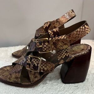 Vince Camuto Brown Snake-Print Buckle Block Heel Sandals